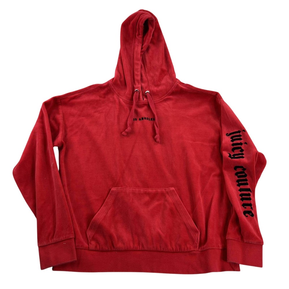 Juicy Couture Velour Hoodie Womens M Red Los Angeles Y2K Pullover Sweatshirt Top